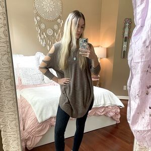 Long Brown Cut-Out Sleeve Sweater